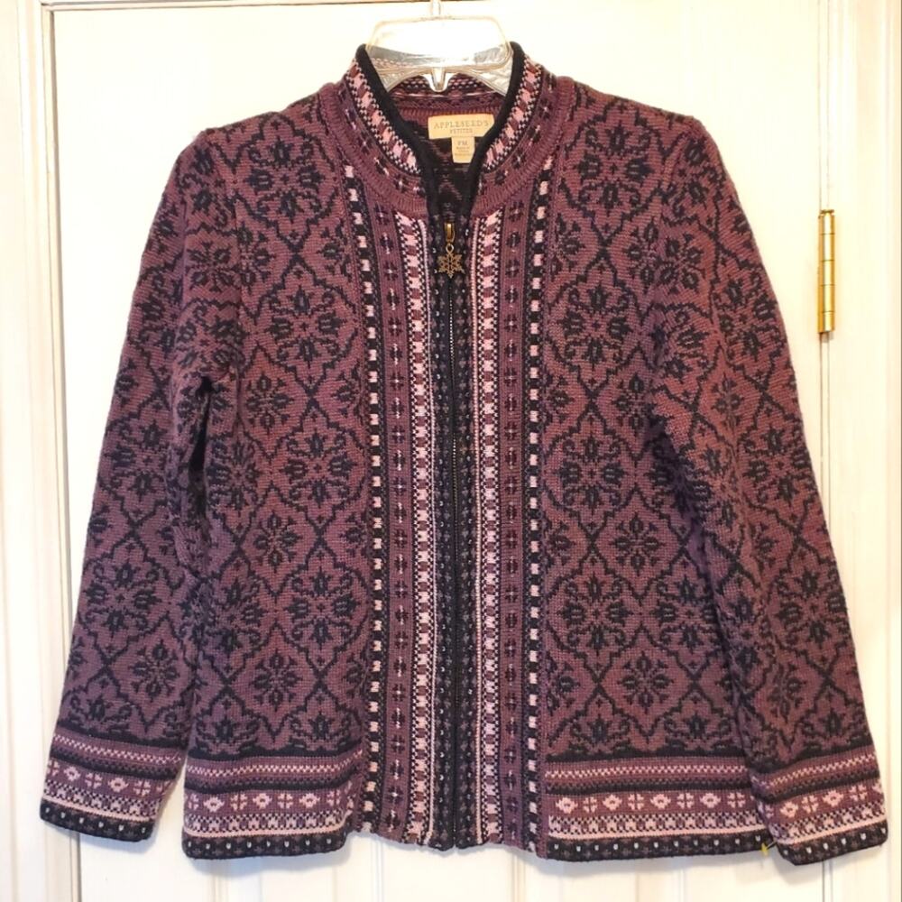 APPLESEED'S PETITES Purple Alpine Sweater Full Zip, Snowflake Pull Size Medium P